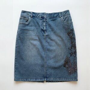 CONTRAST JEANS - Denim Blue  Skirt knee-lenght with embroidery  – Size 13